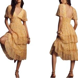 BHLDN Namoni Butter Yellow Chiffon‎ Short-Sleeve Floral Ruffle Maxi Dress